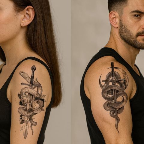 S.A.V.I 3 Serpentine Snake Sword Temporary Tattoo Sheets for Men