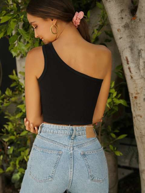 Moye Moye Casual One Shoulder Sleeves Self Design Women Black Top view 4