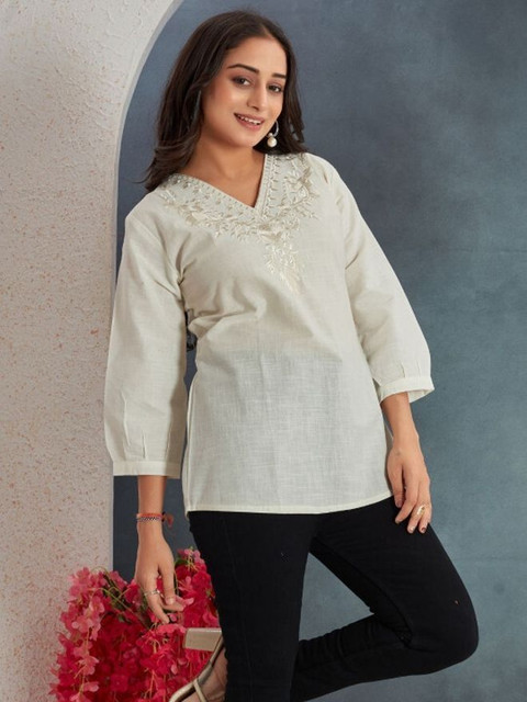 RR SA KURTIS Party Embroidered Women White Top