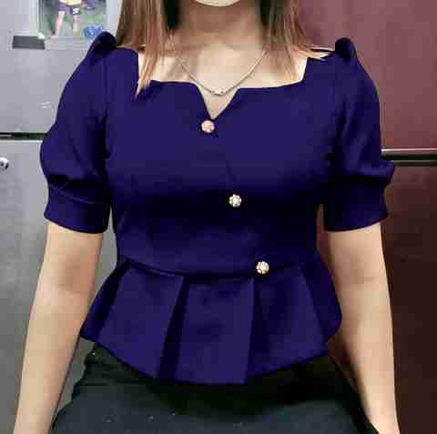 N F EXPRESS Casual Puff Sleeves Solid Women Blue Top - Image 2