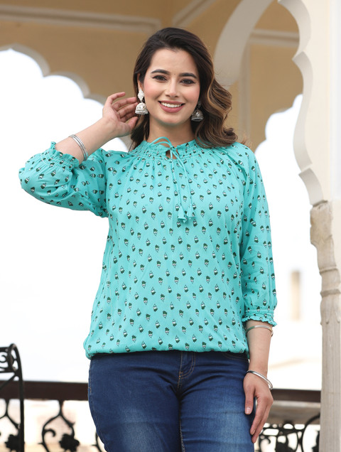 RJ FASHION Casual Printed Women Light Blue Top