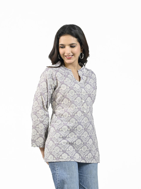 Ramkudi Casual Floral Print Women Grey Top