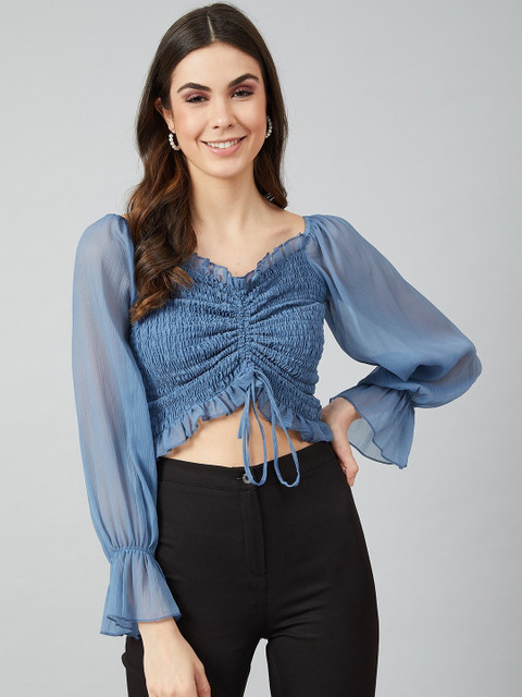 ATHENA Casual Puff Sleeve Solid Women Blue Top