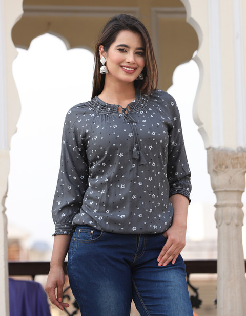 RJ FASHION Casual Printed Women Black Top