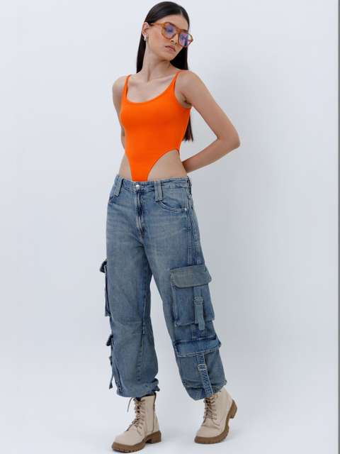 COLOR CAPITAL Casual Sleeveless Solid Women Orange Top view 4