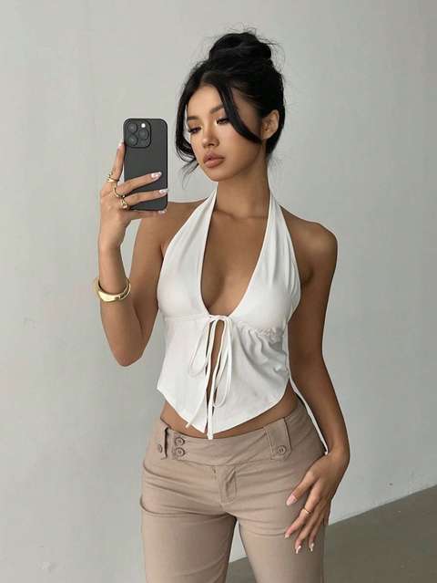 KATECLO Casual Sleeveless Solid Women White Top view 4