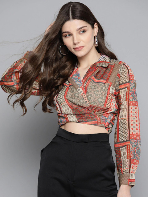 SASSAFRAS Casual Full Sleeve Printed Women Brown Top - Main Image