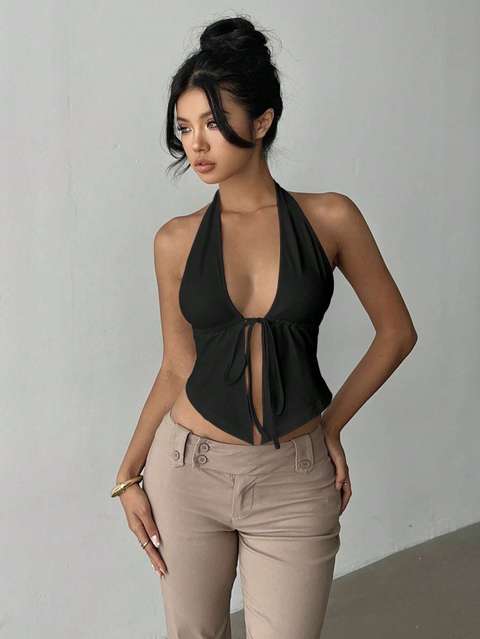 KATECLO Casual Sleeveless Solid Women Black Top view 2