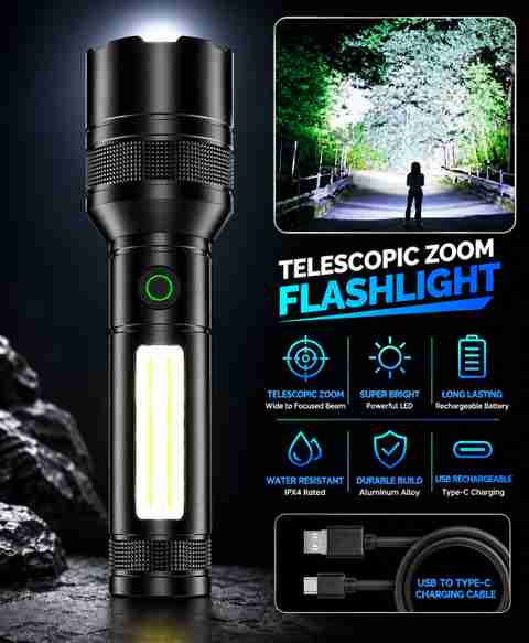 CRENTILA M81 Tactical COB Flashlight | 10000 Lumens With Zoom & Blinker LED Focus/Flood Torch (Black, 15 cm, Rechargeable) - Image 5