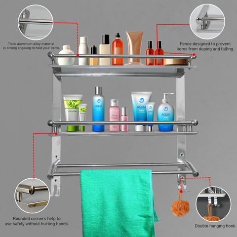 Well Set Double Layer Shelf Towel Road,Multipurpose Organizer,Kitchen  Bathroom Shelf Silver Towel Holder