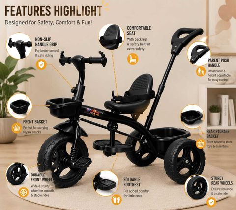 Stepupp Grow Baby Tricycle with Basket and Parent Handle (Black) - Image 8