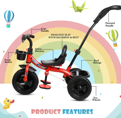 TOYSHOPPEE Parental Handle Tricycle with Front-Back Basket for Storage New  Trike for age 1-5 Years Baby Kids Tricycle