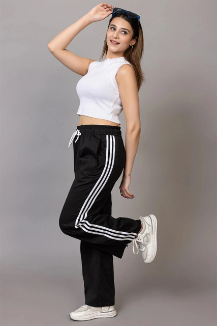 Pantalon De Sport Bobi Pour Femme Taille S - Noir à Rayures Blanches, Coupe Large, Taille élastique