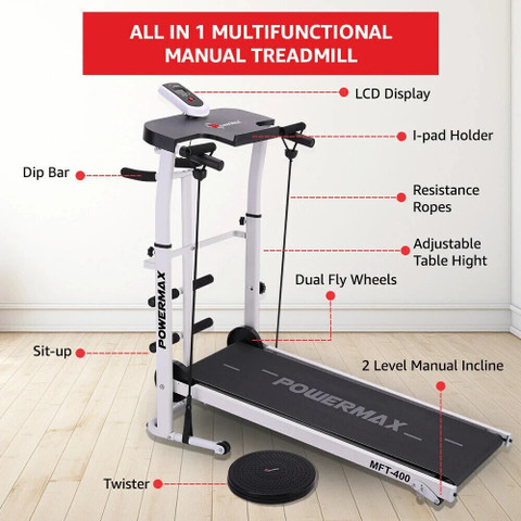 Powermax Fitness MFT-400 Non-Electric Treadmill For Home Use with  Multifunction (Jogger, Twister) Treadmill (Max Weight:100 kg)