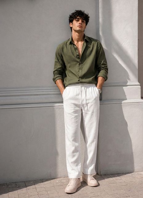 FRAUS Men Straight Fit, Regular Fit White Linen Blend Trousers - Image 8