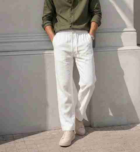 FRAUS Men Straight Fit, Regular Fit White Linen Blend Trousers - Image 5