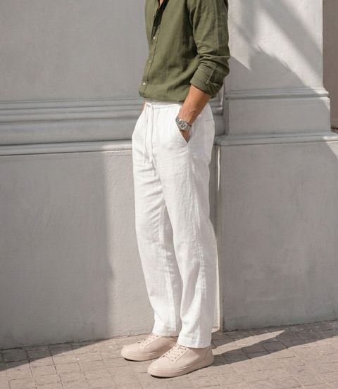 FRAUS Men Straight Fit, Regular Fit White Linen Blend Trousers - Image 7