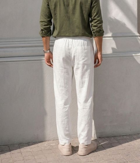 FRAUS Men Straight Fit, Regular Fit White Linen Blend Trousers - Image 6