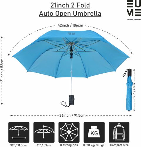 EUME Leatrix 21 Inch 2 Fold Auto-Open Umbrella (Blue, Black) - Image 5