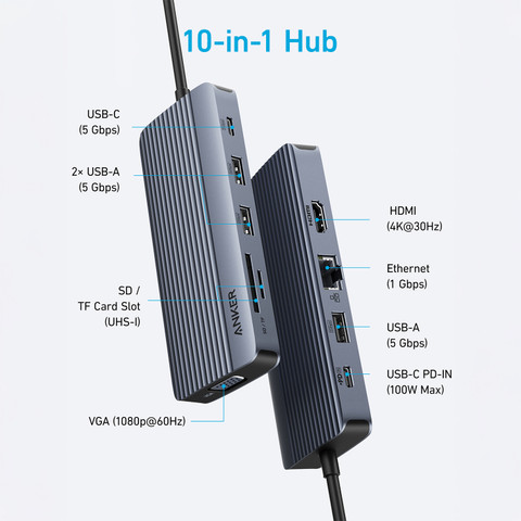 Anker 10-in-1 Usb-C Hub, 100W Power Delivery, 5 Gbps USB C and A