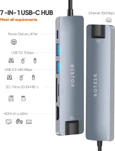 Bestor Bestor 7-in-1 USB-C Hub Multiport Adapter with HDMI, 87W PD, 100Mbps ...