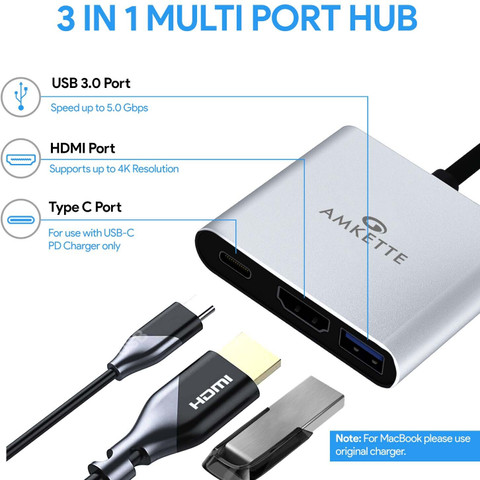 AMKETTE 3-in-1 Type C to HDMI Adapter Multiport USB Hub