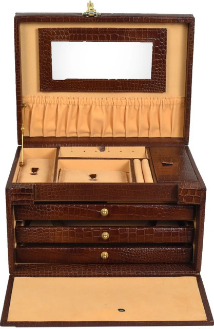 Stones Bridge Leather Jewelry Box for Women   Trays, Lock