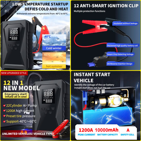 purvish Portable 10000mAh Car Battery Jump Starter Emergency Tool