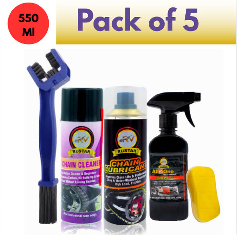 RUSTAR Combo of Chain Lube+ Chain Cleaner+ Car Bike Polish with Chain  Brush Foam |Cleans| Shines Protects Chain| Car Dashboard Interior