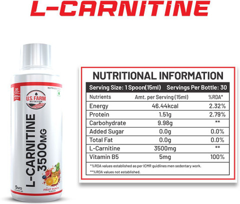 how many grams of l carnitine for fat loss U.S. FARM NUTRITION L- Carnitine 3500 Mg, 30 Servings | Support Fat Loss |  Fruit Punch Flavour Price in India