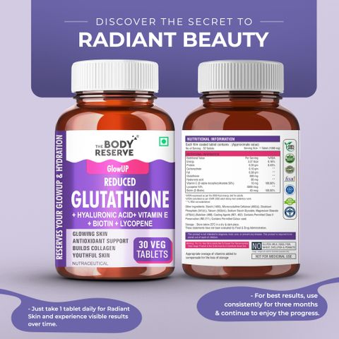 gluta c glutathione THE BODY RESERVE Japanese L-Glutathione Tablets 500mg for Skin Glow, Clear  & Youthful Skin 30 Tab Price in India