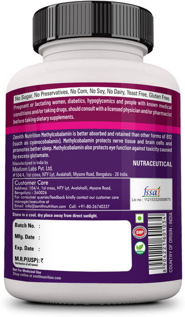 Zenith Nutrition Nutrition Methyl Cobalamin-1000mcg Lab tested