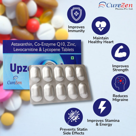 l carnitine coenzyme q10 lycopene and astaxanthin tablets CureZen Pharma Upzen Q10L: CoEnzyme Q10, Zinc, Levocarnitine, Lycopene and  Astaxanthin Price in India