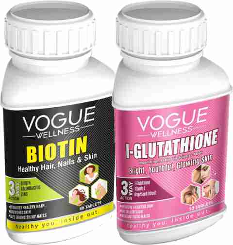glutathione tablete Vogue Wellness L glutathione with Biotin Tablets for glowing Skin & Hair  growth Price in India