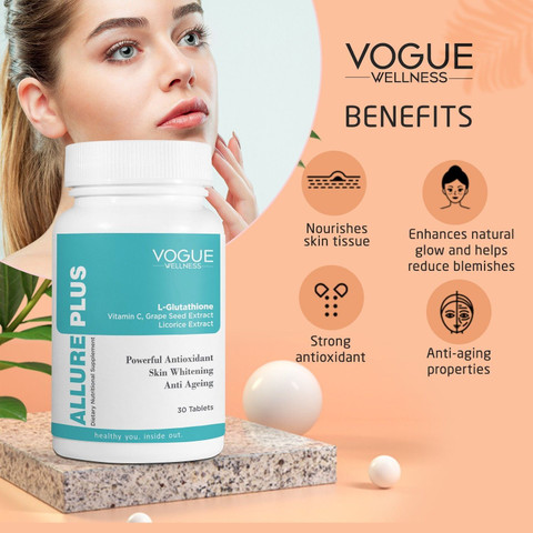 Vogue ALLURE PLUS-L-GLUTATHIONE TABLETS FOR GLOWING SKIN FOR MEN &  WOMEN_(60 Tablets) Price in India - Buy Vogue ALLURE PLUS-L-GLUTATHIONE  TABLETS FOR GLOWING SKIN FOR MEN & WOMEN_(60 Tablets) online at Flipkart.com