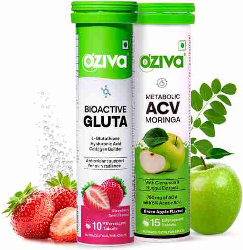 oziva glutathione tables Bioactive Gluta Fizzy ( L-Glutathione, Hyaluronic Acid, Asthaxanthin, Lycopene & Collagen Builder) to Reduce Cellular Damage Strawberry swirl, Pack of 4 (60 Tablets) OZiva Bioactive Gluta Fizzy -