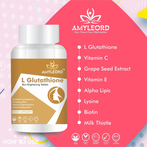 Amyleord L-Glutathione Tablet with Vitamin C&E, Biotin, Grape Seed Extract  for Skin Glow Price in India