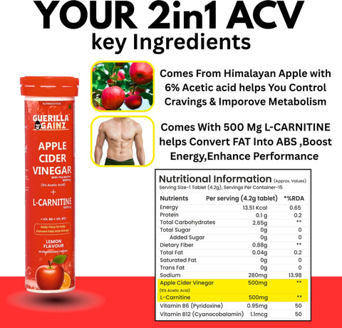 guerilla gainz Apple Cider Vinegar + L carnitine helps Covert fat into  Energy 15 Effervescent Price in India