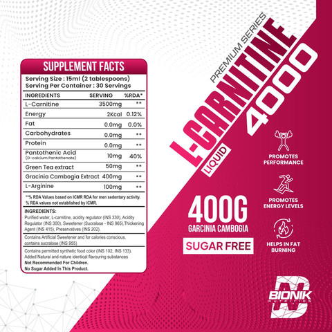 BIONIK NUTRITION L-Carnitine 4000 Liquid | 3500mg Fat Burner | Garcinia  Cambogia | Sugar Free Price in India - Buy BIONIK NUTRITION L-Carnitine  4000 Liquid | 3500mg Fat Burner