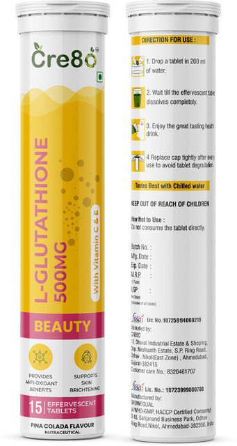 CRE8O L-GLUTATHIONE 500MG With Vitamin C & E (PINA COLADA) Support Glowing  Skin Price in India - Buy CRE8O L-GLUTATHIONE 500MG With Vitamin C & E  (PINA COLADA) Support Glowing Skin online