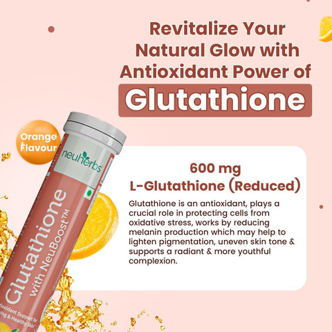 most popular glutathione brand Neuherbs Glutathione (Orange Flavour) For Glowing Skin With Hyaluronic Acid  & Vitamin C Price in India