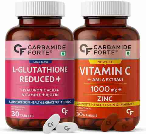 best glutathione and vitamin c supplement CARBAMIDE FORTE L Glutathione Tablets with Vitamin C from Amla Extract  Combo for Skin Price in India