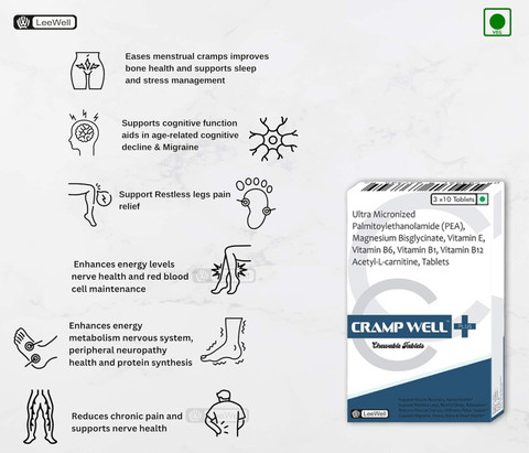 crampwell +Plus Nerves & Muscle Cramps, Contraction Pain Relief, L carnitine+Magnesium+PEA  Price in India