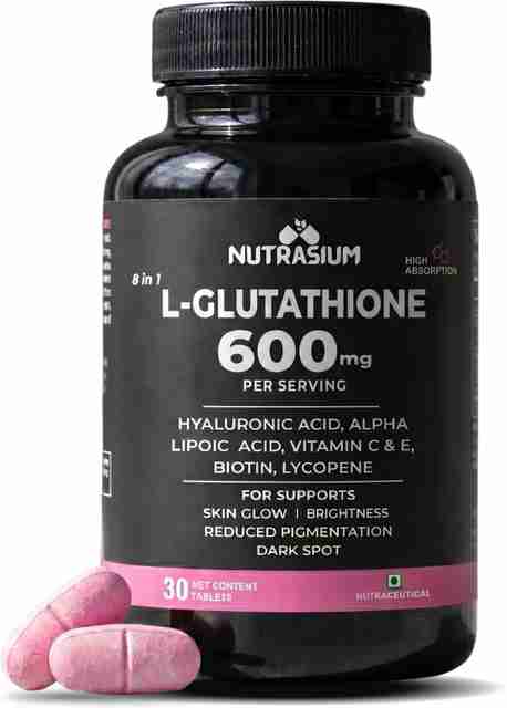 glutathione 600mg NUTRASIUM L-Glutathione 600 mg with hyaluronic acid for skin whitening and  glow Price in India
