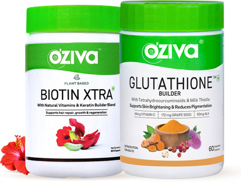 oziva glutathione powder OZiva Glutathione Builder for Skin Brightening+BiotinXtra for Hair  Repair&Regeneration Price in India