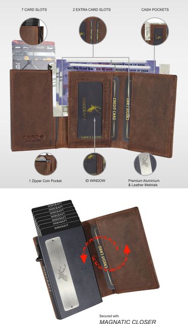 DOECRAFT Men Casual, Formal Brown, Black Genuine Leather, Aluminium RFID Wallet (10 Card Slots) - Image 6