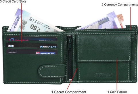 URBAN FOREST Men Casual Green Genuine Leather Wallet Aniline Green