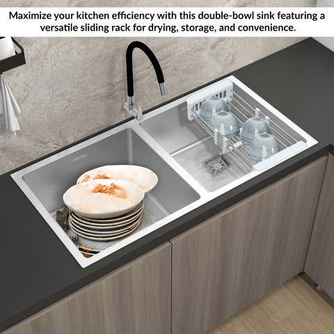 Plantex Stainless Steel Double Bowl Sink/Handmade Kitchen Sink/Kitchen Sink  Multi-Functional Drying Rack, Hose Pipe and Square Coupling (37x18x9