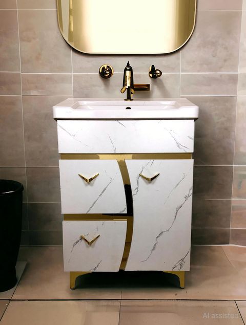 BOBBYEXPORT Gold Premium Freestanding Vanity Washbasin Cabinate BEP8 Table Top Basin (White Golden) - Image 7