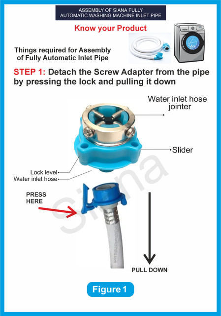 clamp-on washing machine tap adapter assembly diagram with rubber seal and Teflon backup ring